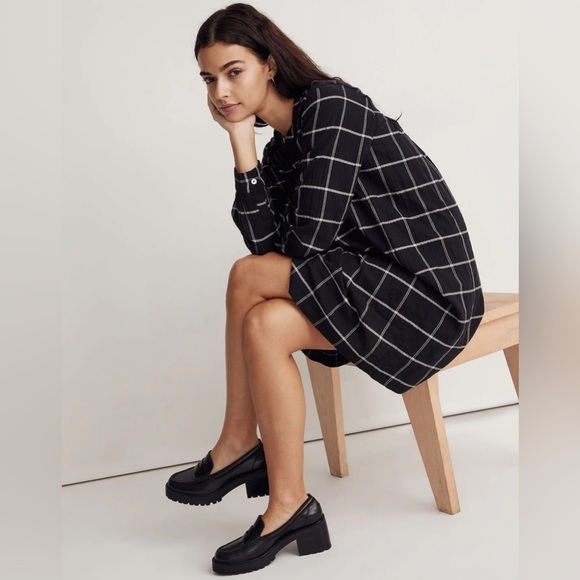 Madewell Collarless Shirt Dress in Windowpane Black Plaid Button Down Medium - Picture 2 of 10